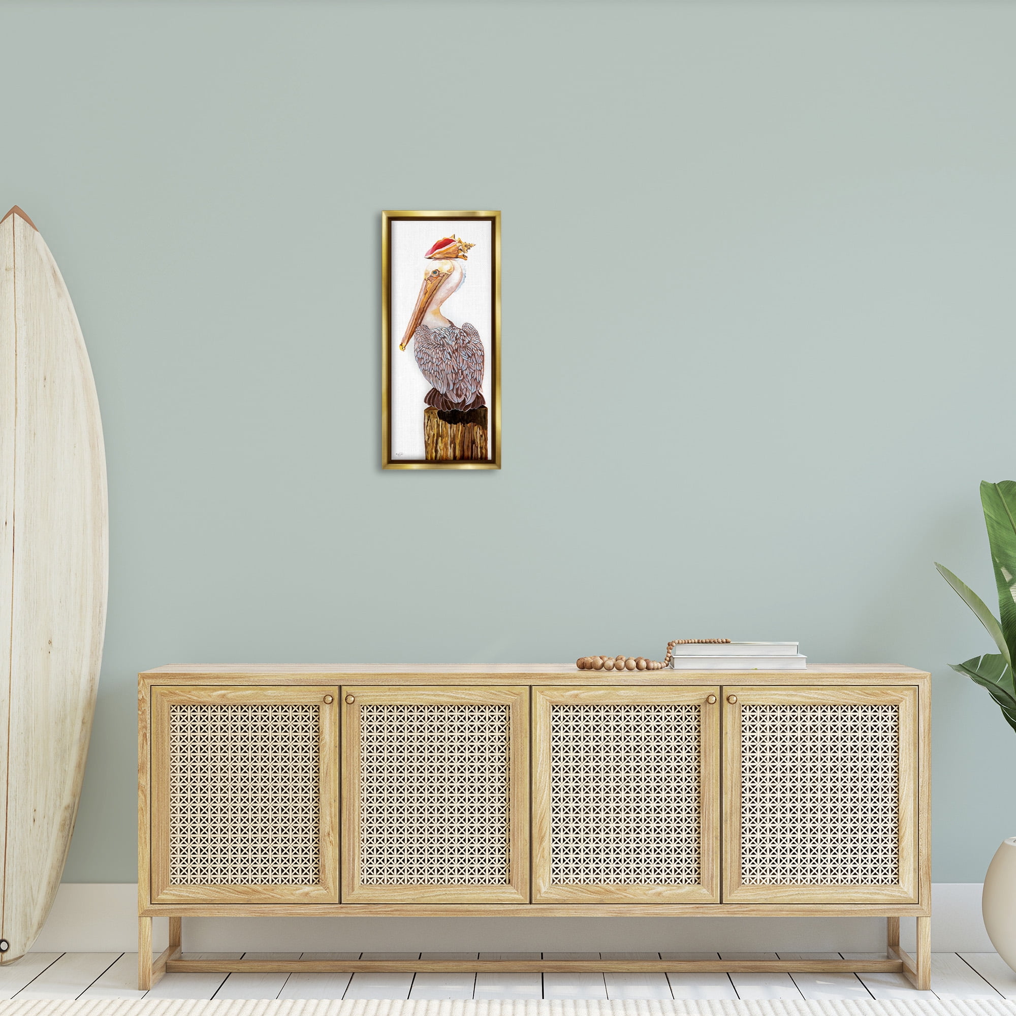 Stupell Industries Nautical Pelican with Sea Shell Animals & Insects Painting Gold Floater Framed Canvas Art Print Wall Art, 11 x 25