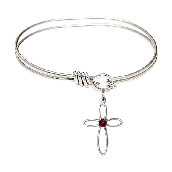 5 3/4 inch Oval Eye Hook Bangle Bracelet w/ Loop Cross medal charm w/ January Red Swarovski Crystal