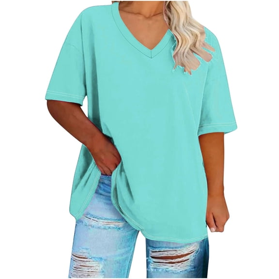 Womens Plus Size T Shirts XL-5X Short Sleeve V Neck Tees Tops Ladies Casual Solid Color Pullover Breathable Basic Loungewear Workout Blouses Top
