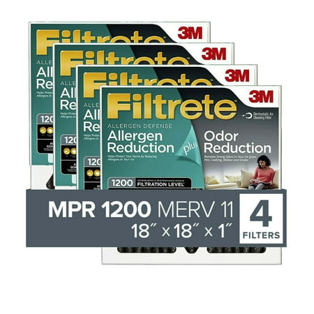 

Filtrete by 3M 18x18x1 MERV 11 Allergen Plus Odor Reduction HVAC Furnace Air Filter 1200 MPR 4 Filters