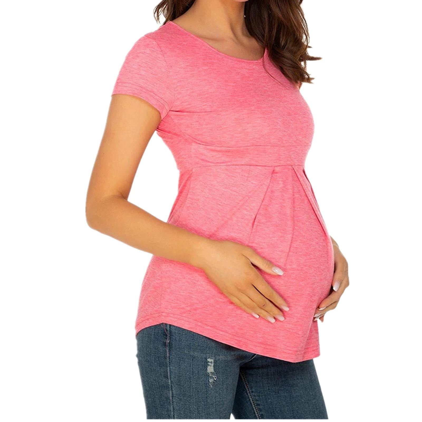 Womens Maternity Shirt Soft Short Sleeve Round Neck Ruffle Fold Pregnant Tops Blouses Clothes 
