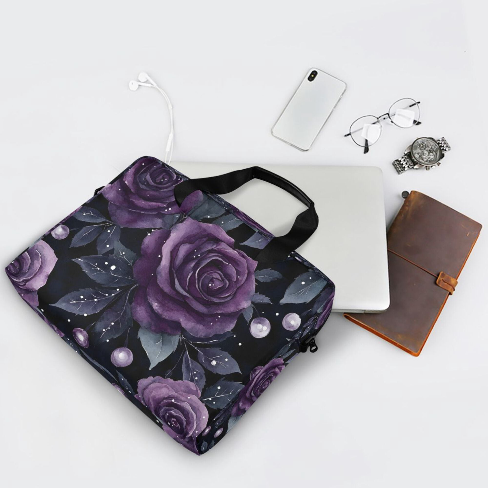 FORMRS 16" Laptop Bag Carrying Sleeve Case with Handle Travel Shoulder Briefcase, Roses and Pearls