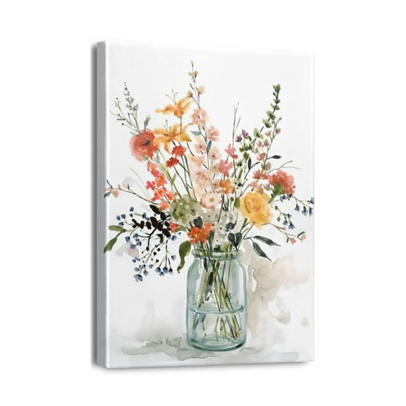 Vintage Colorful Wildflower in the Jar Wall Art Bathroom Pictures Wall Decor Canvas Painting Prints Artwork for Bathroom Office Bedroom 12"x16"