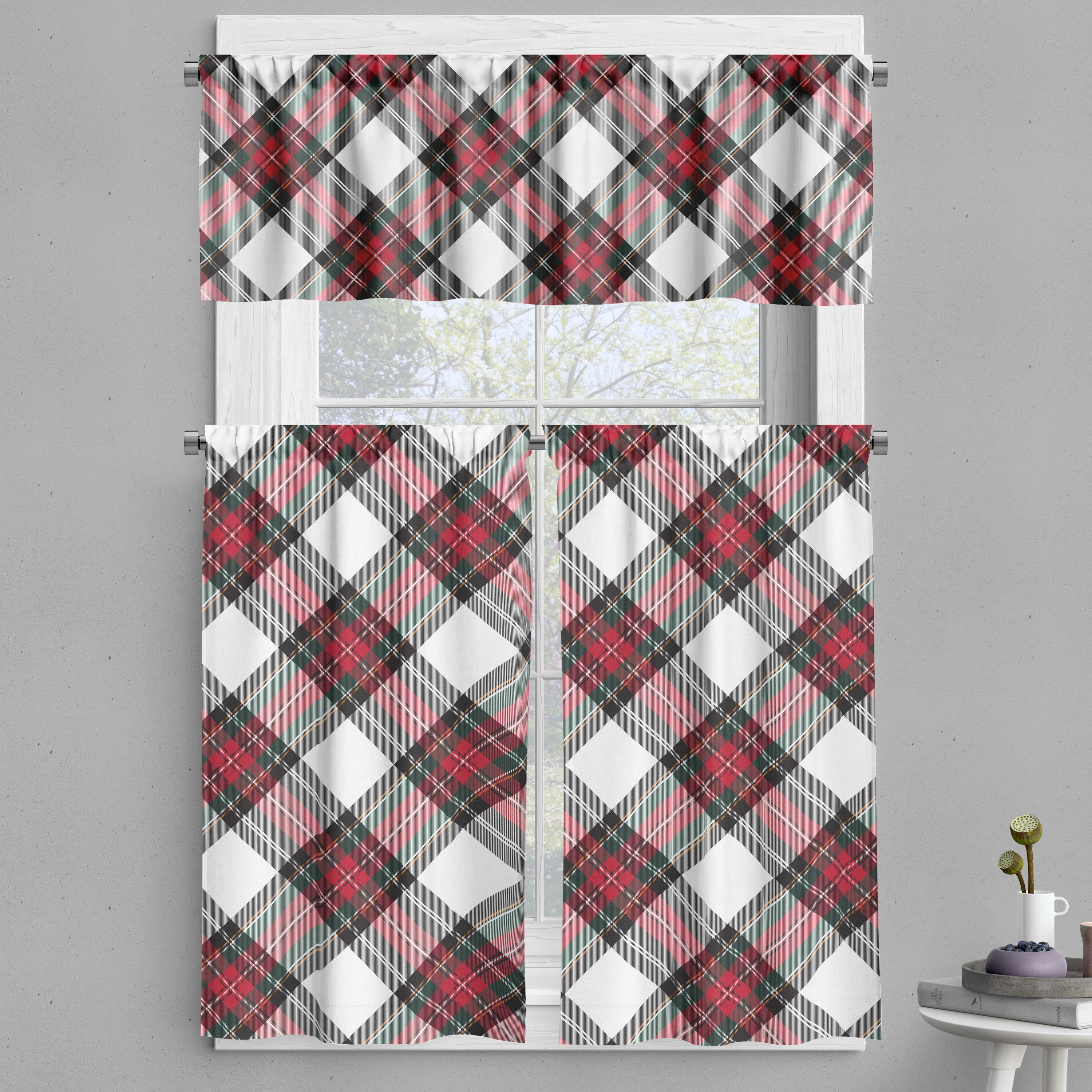 Tartan Valance And Tier Curtain 3 Pcs Set Traditional Plaid With