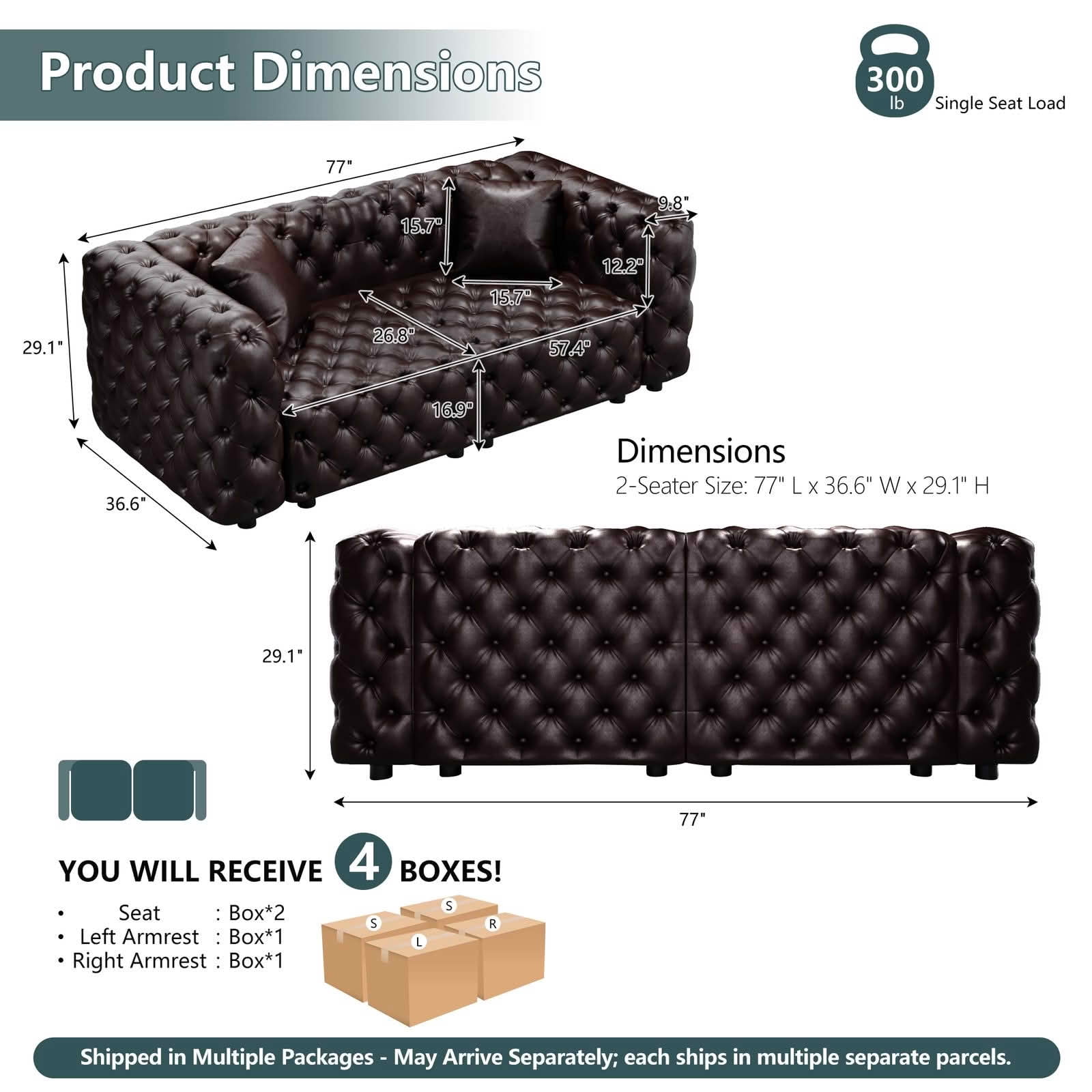 MAYEERTY 77 Inch Faux‑Leather 2‑Seat Modular Sofa, Handcrafted Button Tufted Couch with 2 Pillows, Multi‑Layout for Living Room & Small Apartment
