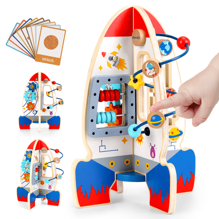 Anpro Montessori Wooden Activity Cube 6-in-1 Educational Toy with Bead Maze Abacus and More Perfect for Boys Girls Birthday Gift