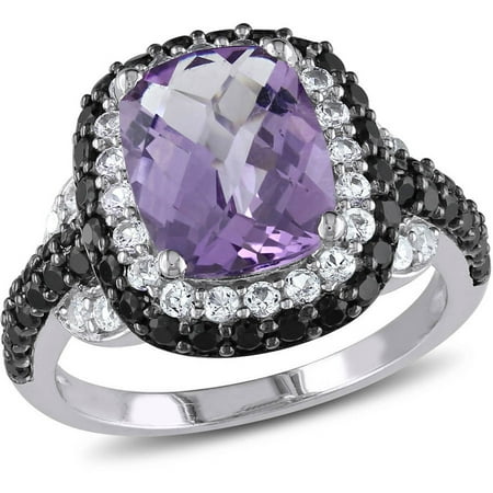 4-3/5 Carat T.G.W. Amethyst, Created White Sapphire and Black Spinel Sterling Silver Cocktail Ring