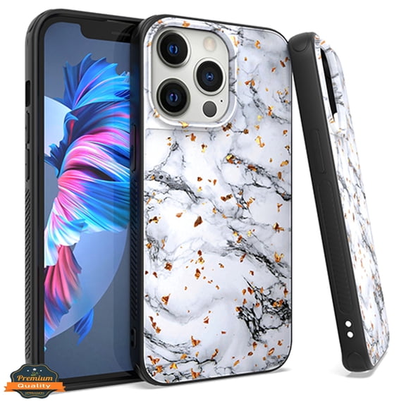 Xpression Case for Apple iPhone 13 Pro Max (6.7") Marble Fashion Stone Stylish Flake Glitter Bling Hybrid TPU Rubber Hard Protection Phone Cover [Marble White]