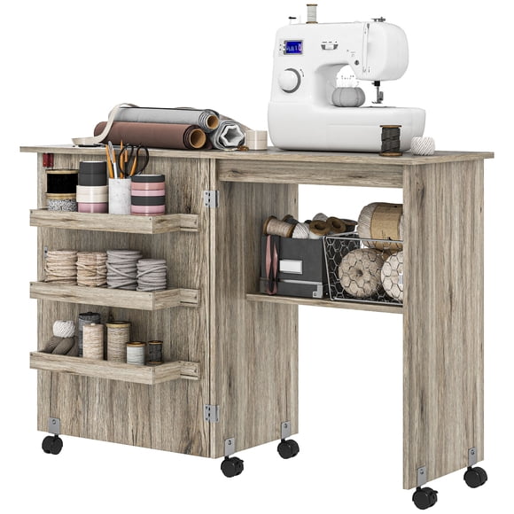 Folding Sewing Machine Cabinet with Storage - Grey Craft Table for Small Spaces, Sewing Desk with Wheels & Bins - Living Room, Bedroom, Office Use