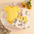thumbnail image 2 of CAUYDY Newborn Baby Girls Summer Clothes Short Sleeve Romper & Overall Dress & Bow Headband 3PCS Set for Little Girl Toddler 0 3 6 9 12 18 Months (Sizes 3-6 Months,H3-Yellow), 2 of 5