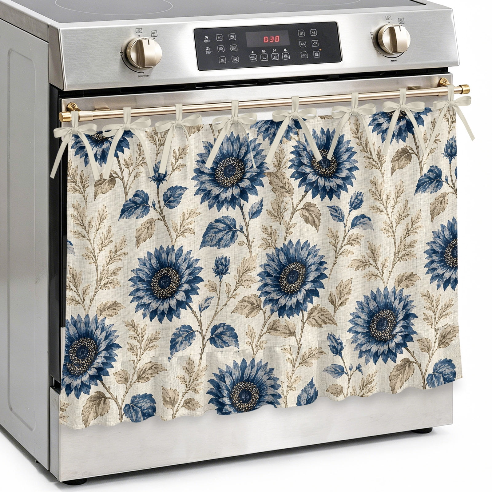 Navy Blue Sunflowers Oven Skirt Curtain Kitchen Stove Skirt Cover with Tie Top Vintage Botanical Flowers Decorative Cabinet Cover Dishwasher Curtain for Farmhouse Decor 30x21.5 Inch
