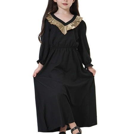 

QISIWOLE Muslim Long Dress Medium Big Girls Long Sleeve V Neck Colorblock Dress clearance under 10