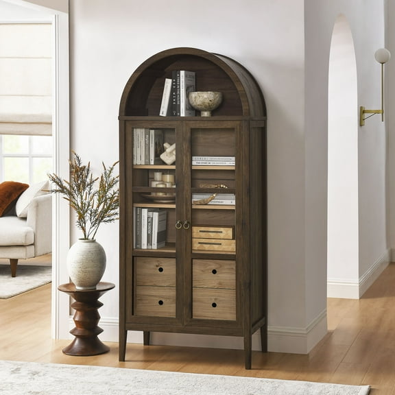 Modway Nolan Tall Arched Storage Display Cabinet in Walnut Hickory