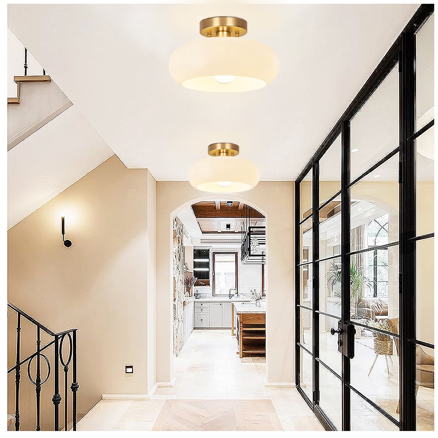 Gold Semi Flush Mount Ceiling Light,11inch Mid-Century Modern Light Fixture, Hallway Light Fixtures with White Milk Glass Shade,Vintage Lighting fixtures for entryway,Bedroom,Kitchen,Porch