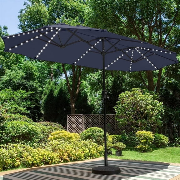 Summit Living 13ft Large Patio Umbrella with Multi-Color LED Solar Lights Double-Sided Rectangular Outdoor Table Umbrella Navy Blue