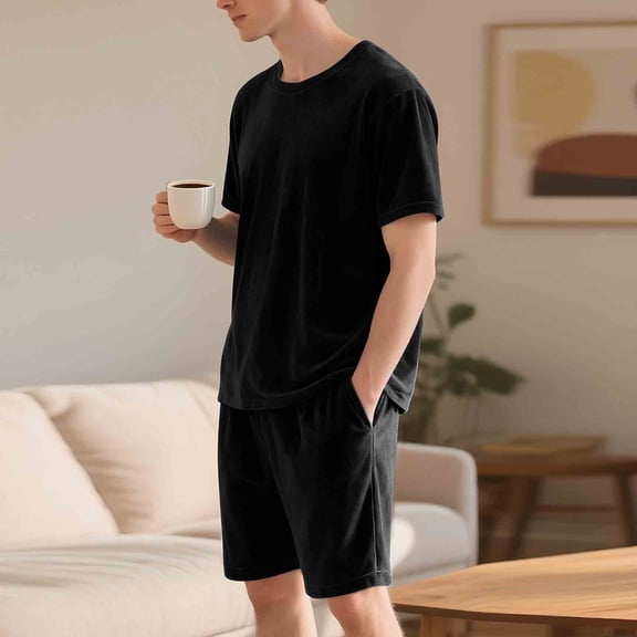 Maqroz Mens Sweatsuits 2 Piece Set Short Sleeve T-Shirt and Shorts Set Crew Neck Top with Elastic Waist Bottoms Casual Loungewear Soft Everyday Wear Lightweight Comfortable Home Outfit