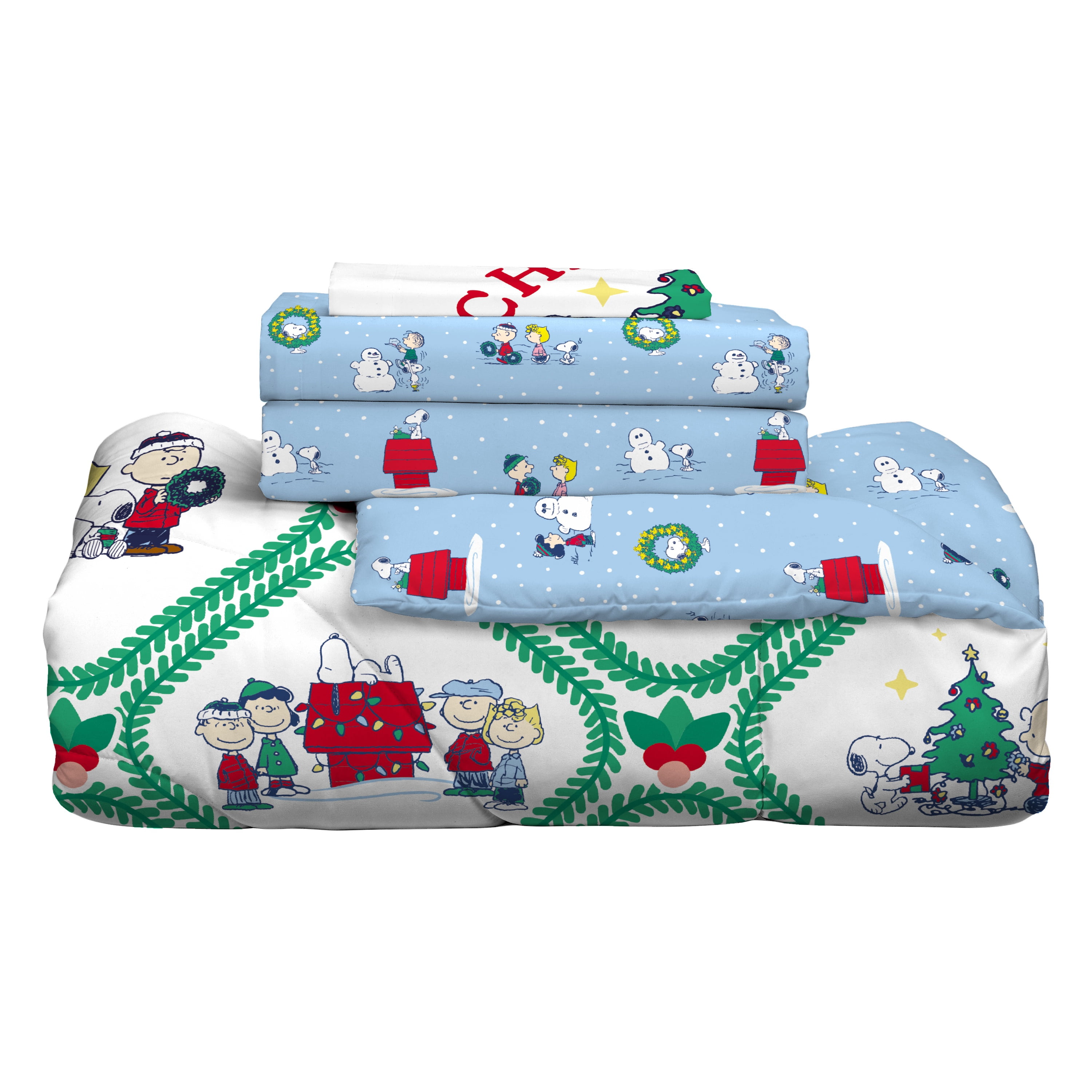 Peanuts Snoopy Holiday Kids 6 Piece Reversible Comforter, Pillowcase, Sheet Set, and Backpack, King
