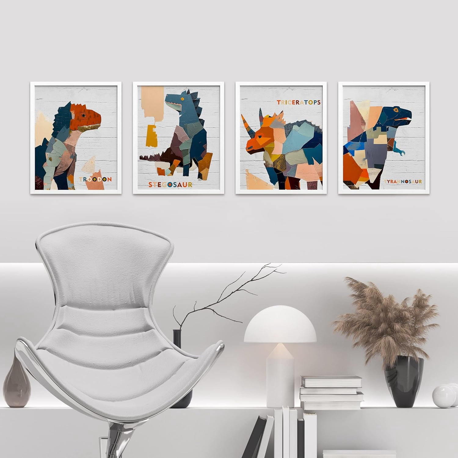 PixonSign Framed Wall Art, Colorful Dinosaur Collage Prints, Set of 4 Boy's Bedroom Illustration Wall Decor, Multicolor Contemporary Wall Décor, Modern Adhesive Canvas Posters - 11"x14" White