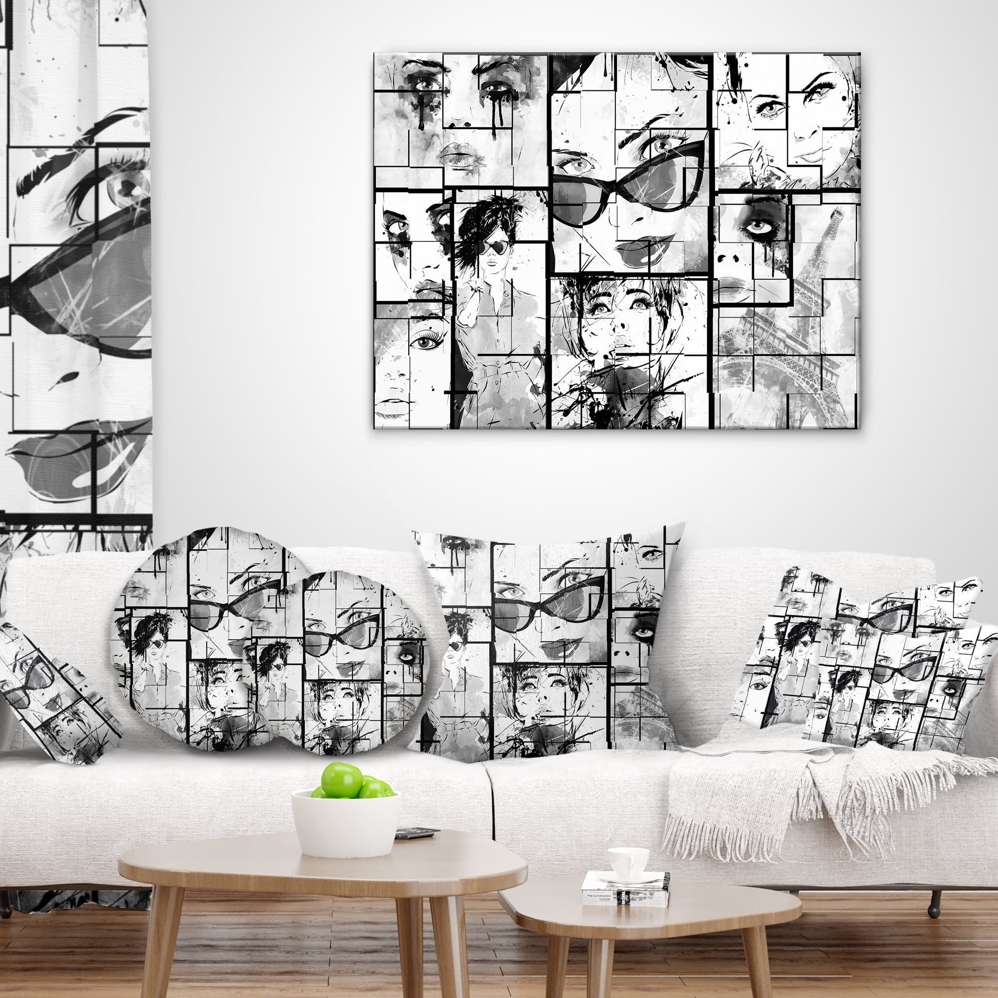 Designart Many Girl Faces Collage - Abstract Portrait Throw Pillow - 12x20