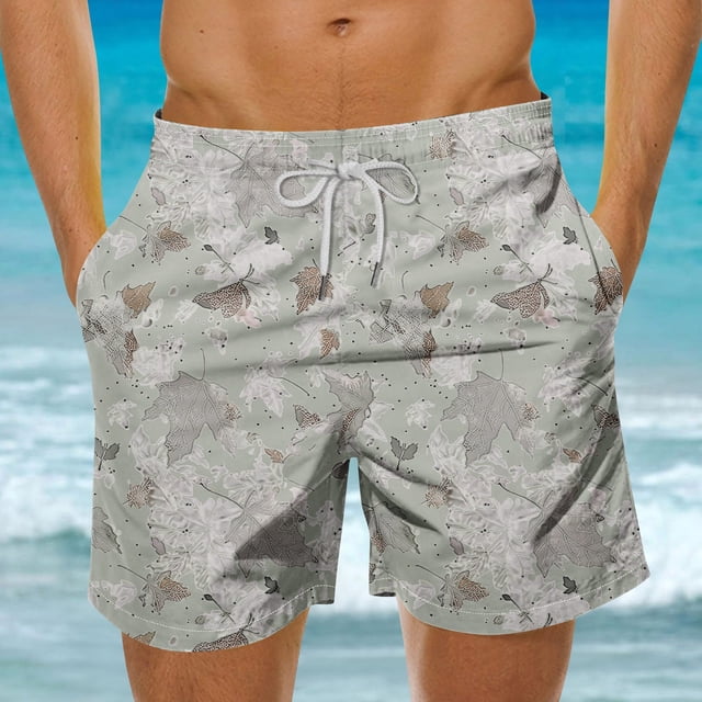 Men's Quick Dry Hawaiian Leaf Print Swim Trunks UPF 50+ Beach Shorts with Elastic Waistband Mesh Lining