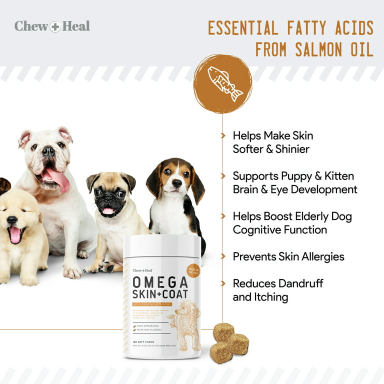 Chew + Heal Omega Skin and Coat Supplement - 180 Soft Chews - Salmon Fish Oil for Dogs and Cats