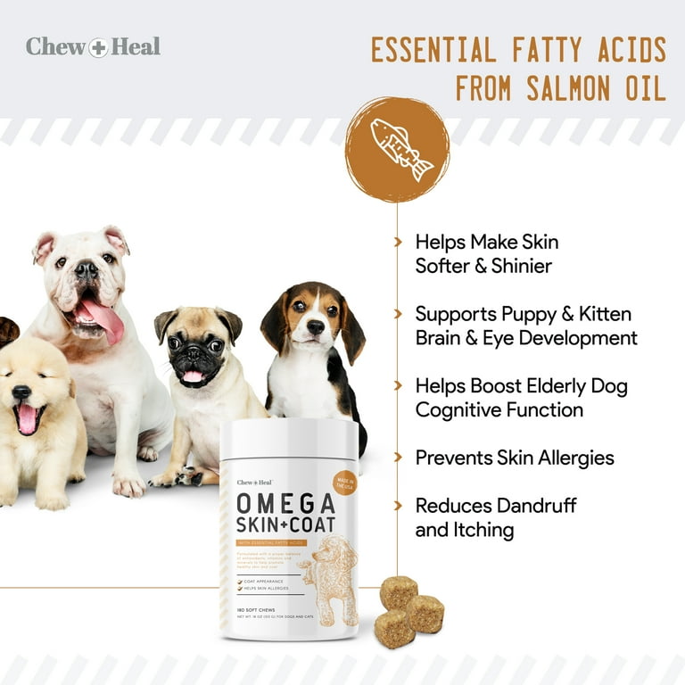 Chew + Heal Omega Skin and Coat Supplement - 180 Soft Chews - Salmon Fish Oil for Dogs and Cats