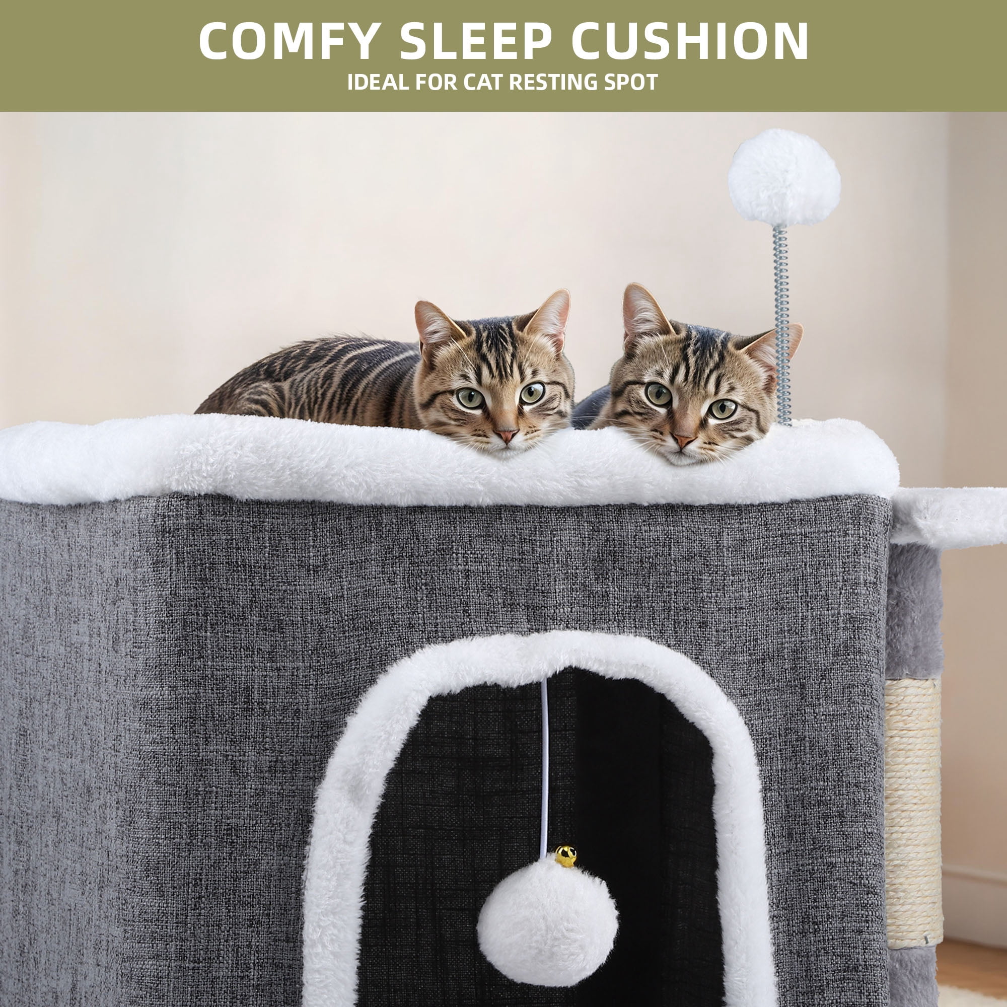 Uforic Indoor Cat Cube House with Sisal Post & Hanging Ball, Covered Cat Bed for Indoor Kittens, Gray