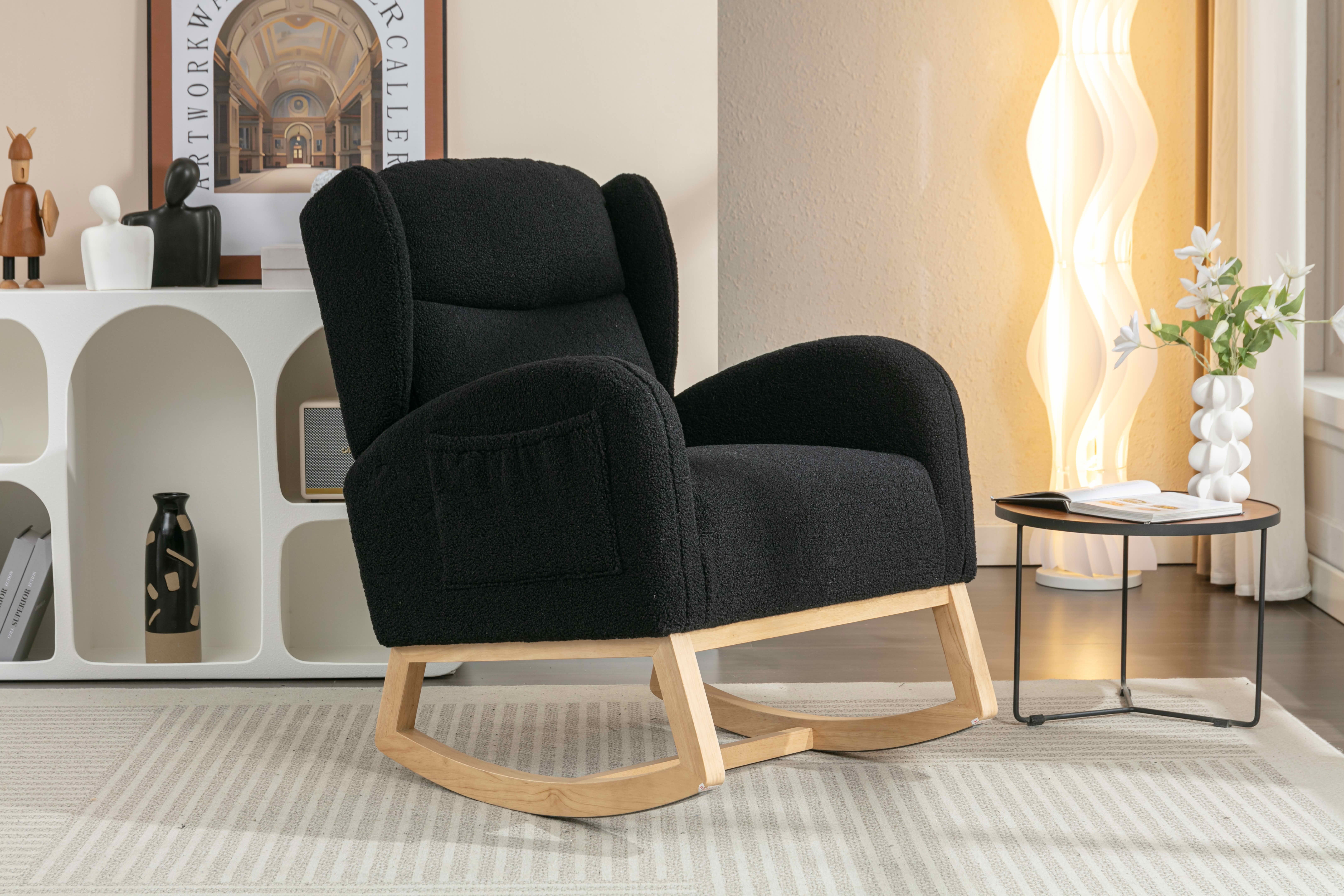 MAYEERTY Teddy Fabric Rocking Chair, with Packet Wood Legs, Black