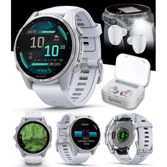 Garmin Fenix 8 43 mm, AMOLED Multisport GPS Smartwatch, Silver with Whitestone Silicone Band, Built-in LED Flashlight with White EarBuds