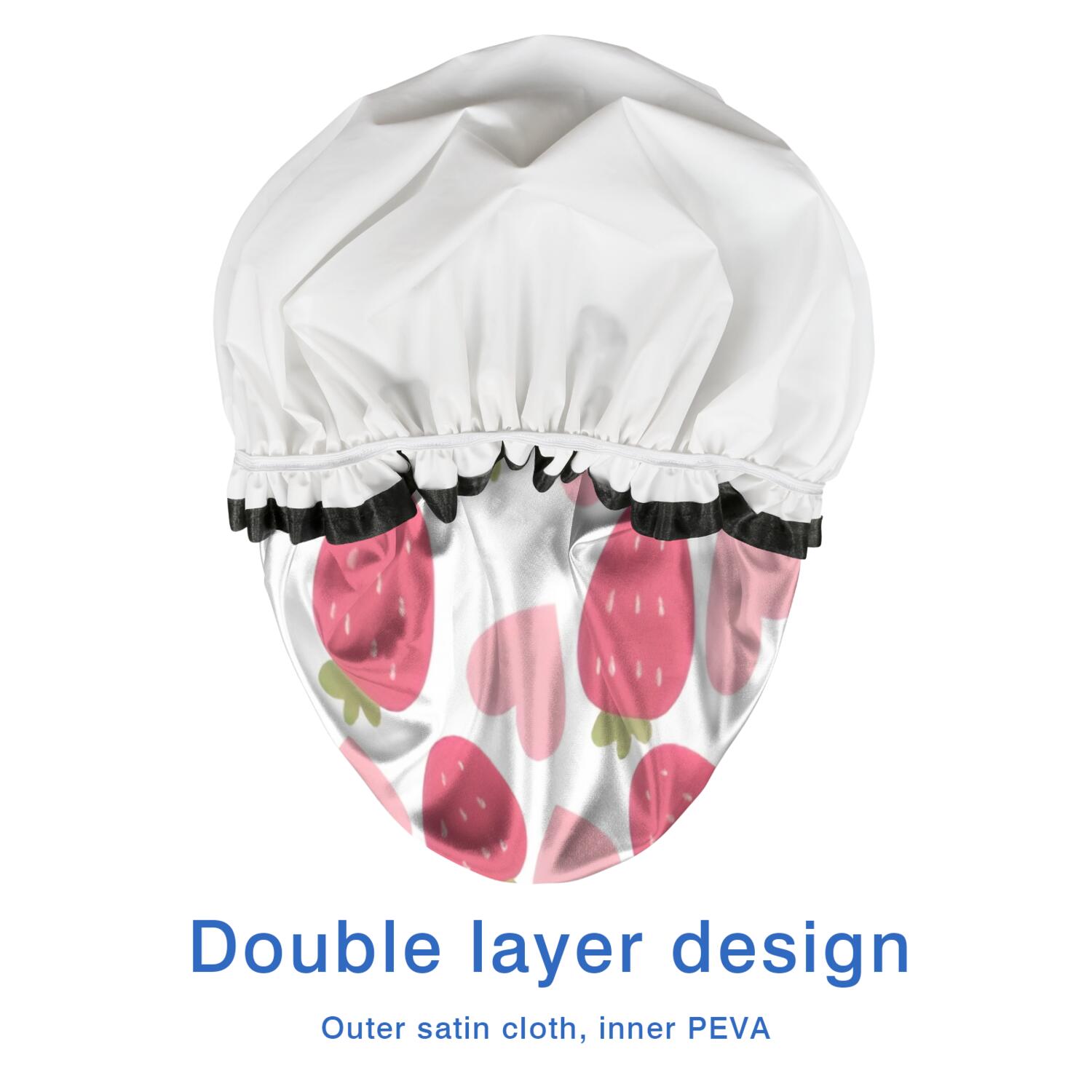 Shower Caps,Strawberry Plants Fruit Heart White Pattern Waterproof Shower Cap for Women 4 Pieces,Double Reusable Hair Cover for Shower PEVA Elastic Stretch Hem