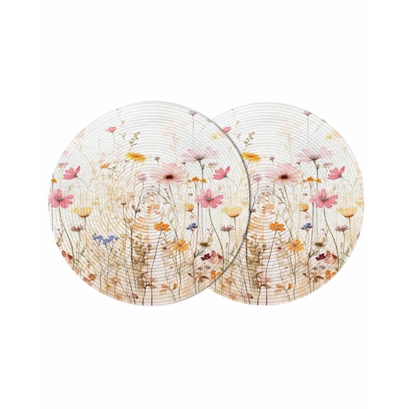 Colorful Wildflower Round 13 Inch Placemats Set of 2, Botanical Vintage Floral Country Retro HeatResistant Non Slip Place Mats for Dining Table, Wipeable Braided Kitchen Table Mats for Housewarming