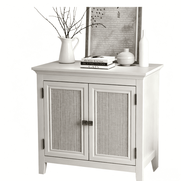 White Farmhouse Kitchen Buffet Sideboard with Rattan Doors, 2 Drawer Storage Cabinet Coffee Bar, Accent Entryway Cabinet for Dining Room Living Room