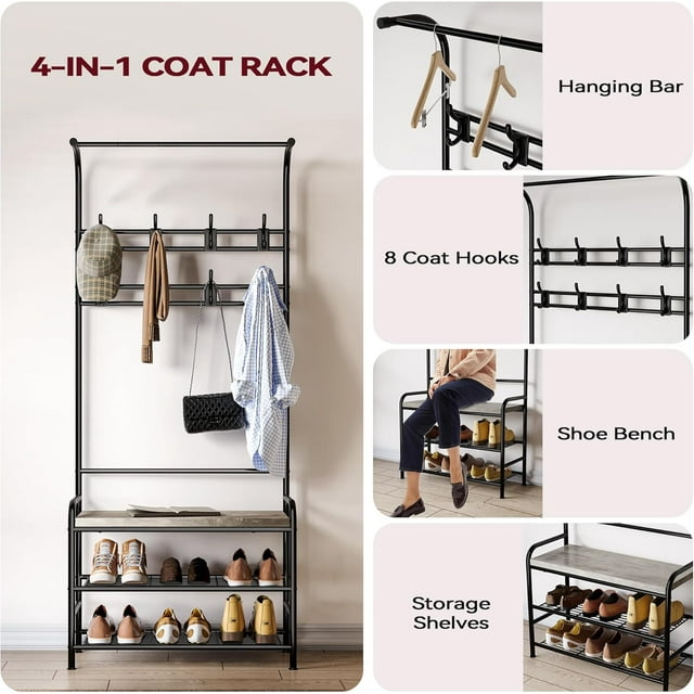 GloryStar Sunvasagoo Coat Rack, 3-In-1 Hall Tree Shoe Rack for Entryway, Coat Tree With Storage Shelf, and 8 Hooks Removable, Entryway Furniture, Multifunctional Hallway Organizer