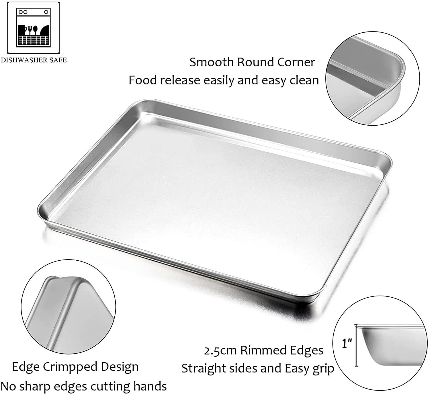 2PCS Baking Trays, Rectangular 304 Stainless Steel Cake Oven Tray,  Dishwasher Safe Baking Sheet, Rustproof Cookie Pan(14.2×10.6×0.8) 