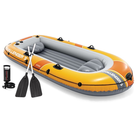 Open Box INTEX 66313EP Challenger 3 Inflatable Boat Set with 54" Oars, Pump, & Welded Oar Locks