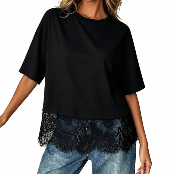 RMGVDSD Womens Summer Tops Lace Round Neck Loose Fit Casual Tee Shirts Basic T-Shirts Top Soft Comfortable Breathable Blouses Versatile T-Shirts
