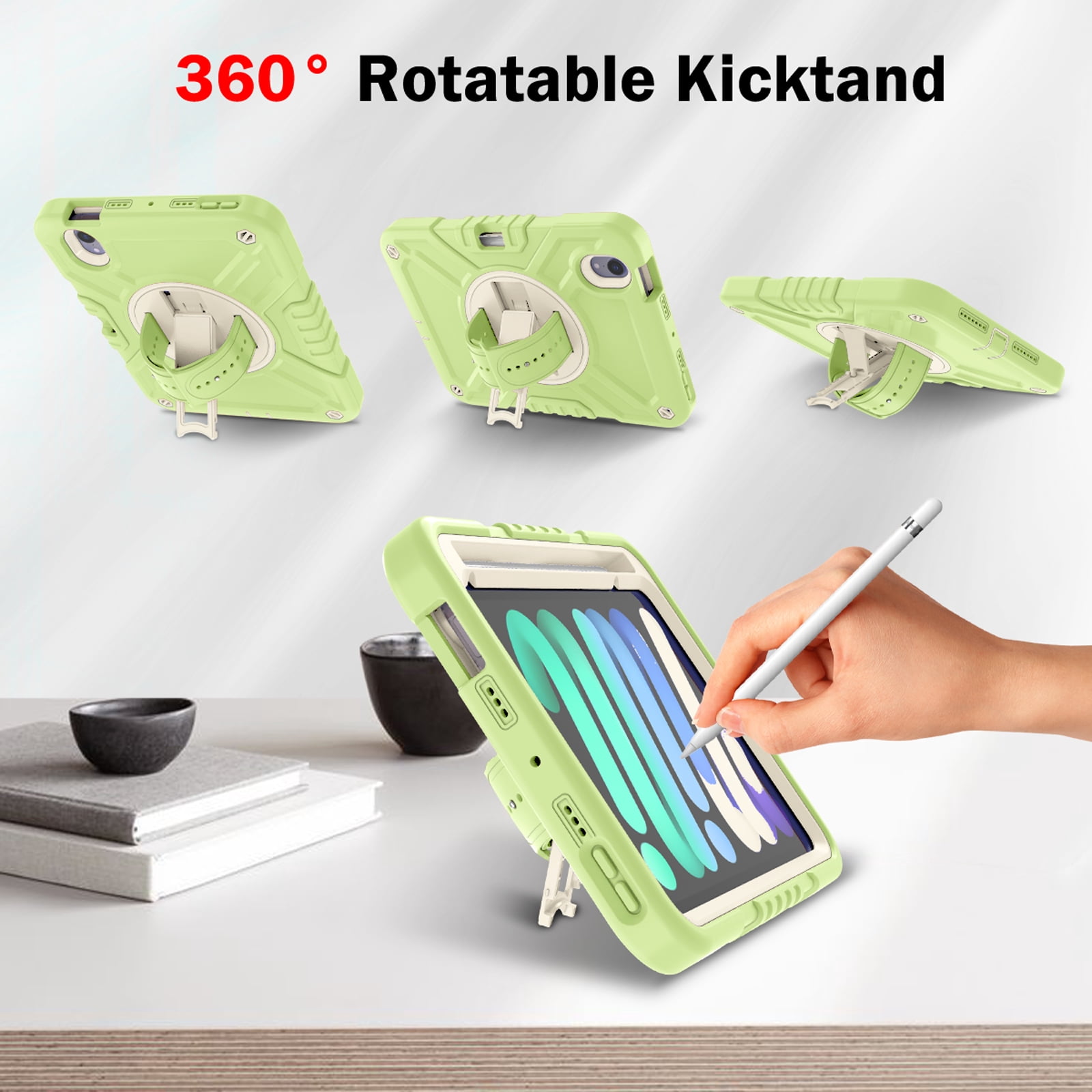 Dteck Case for iPad mini 7 (A17 Pro) 8.3 inch 2024/ iPad mini 6th Generation,Heavy Duty Rugged Drop Proof Shockproof Armor Case with Stand Pencil Holder Hand Strap Shoulder Strap,Green+White