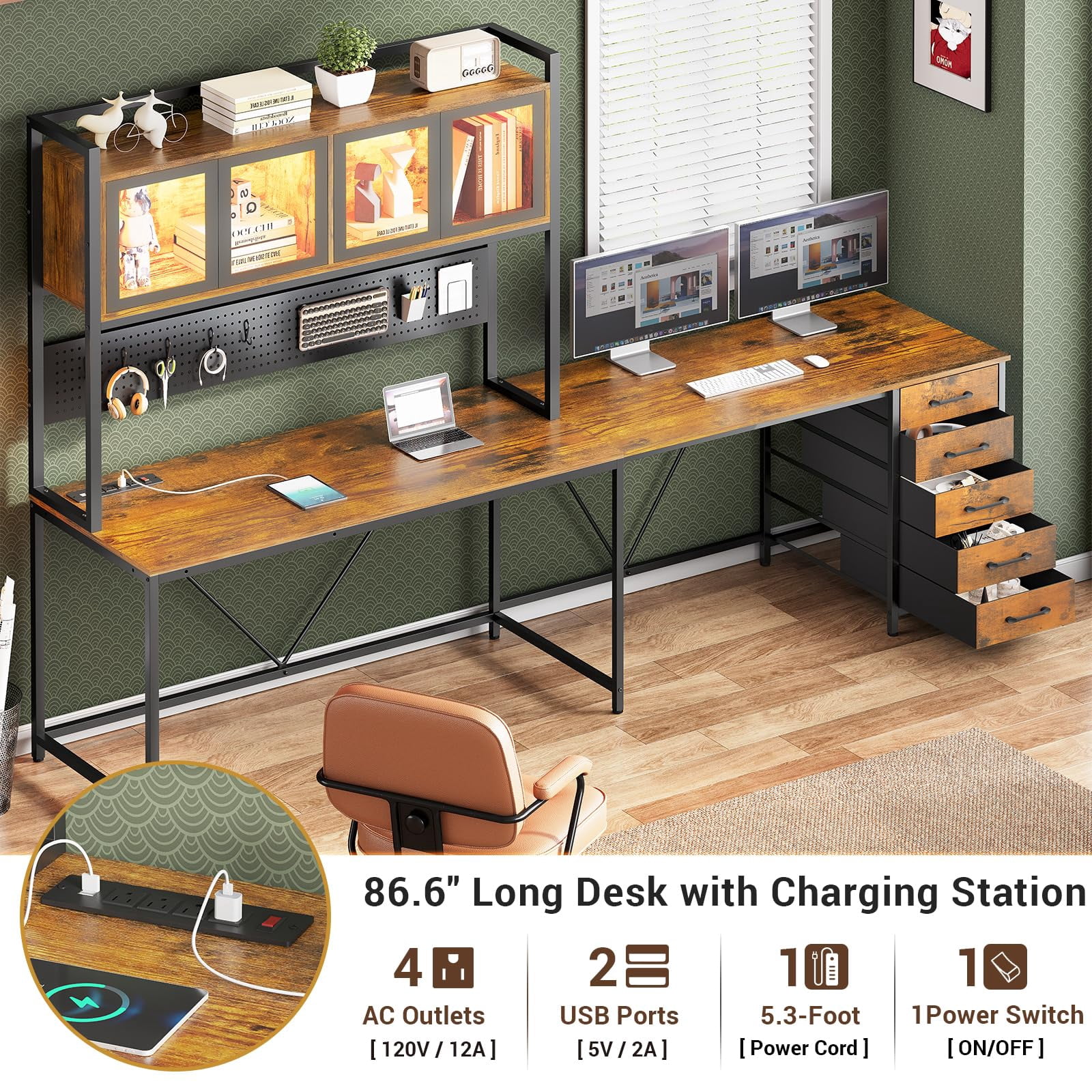 L Shaped Gaming Desk with Drawers, L Shaped Computer Desk with Hutch and Storage Shelves, Gaming Desk with Pegboard, Led Lights, and Power Outlet, Home Office Desk, Corner Desk, Rustic Brown