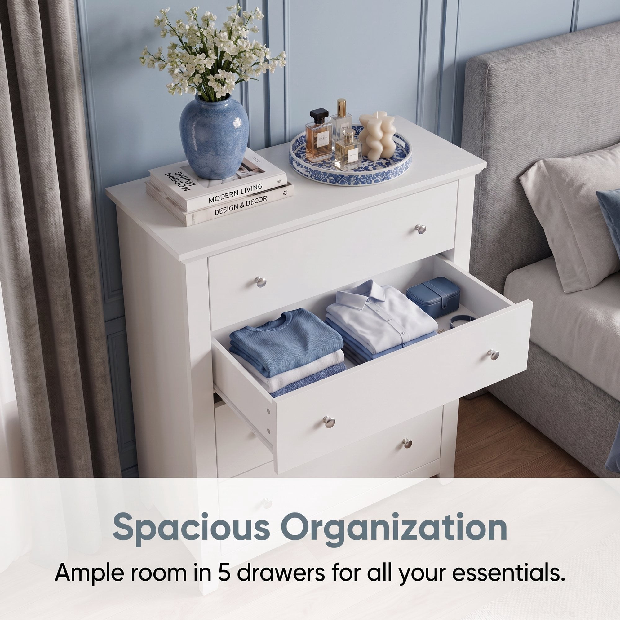 TrumanPick White Dresser Tall 5 Drawer Dressers for Bedroom Wood Chest of Drawers for Living Room Hallway Entryway 47.2"H x 31.1"W x 15.7"D