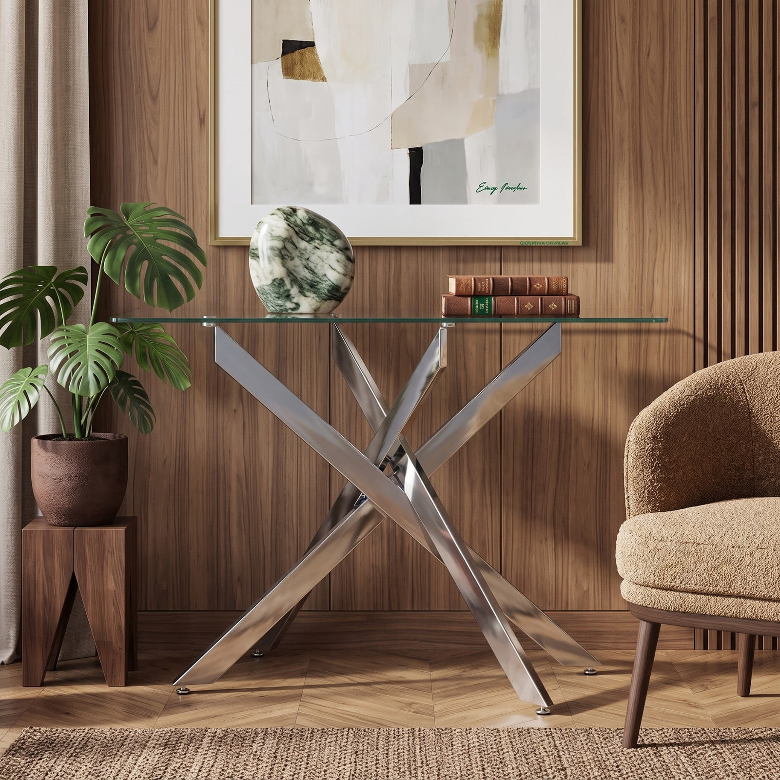Furnibear Glass Console Table with Clear Tempered Glass Top and Chromed Metal X Legs for Entryway and Living Room, Silver