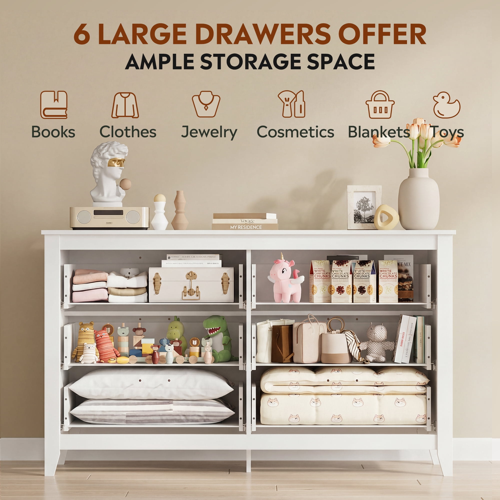 GALAXHERO 6-Drawer Double Wood Dresser - Farmhouse Chest of Drawers with Metal Handles for Bedroom, Living Room, Entryway, White