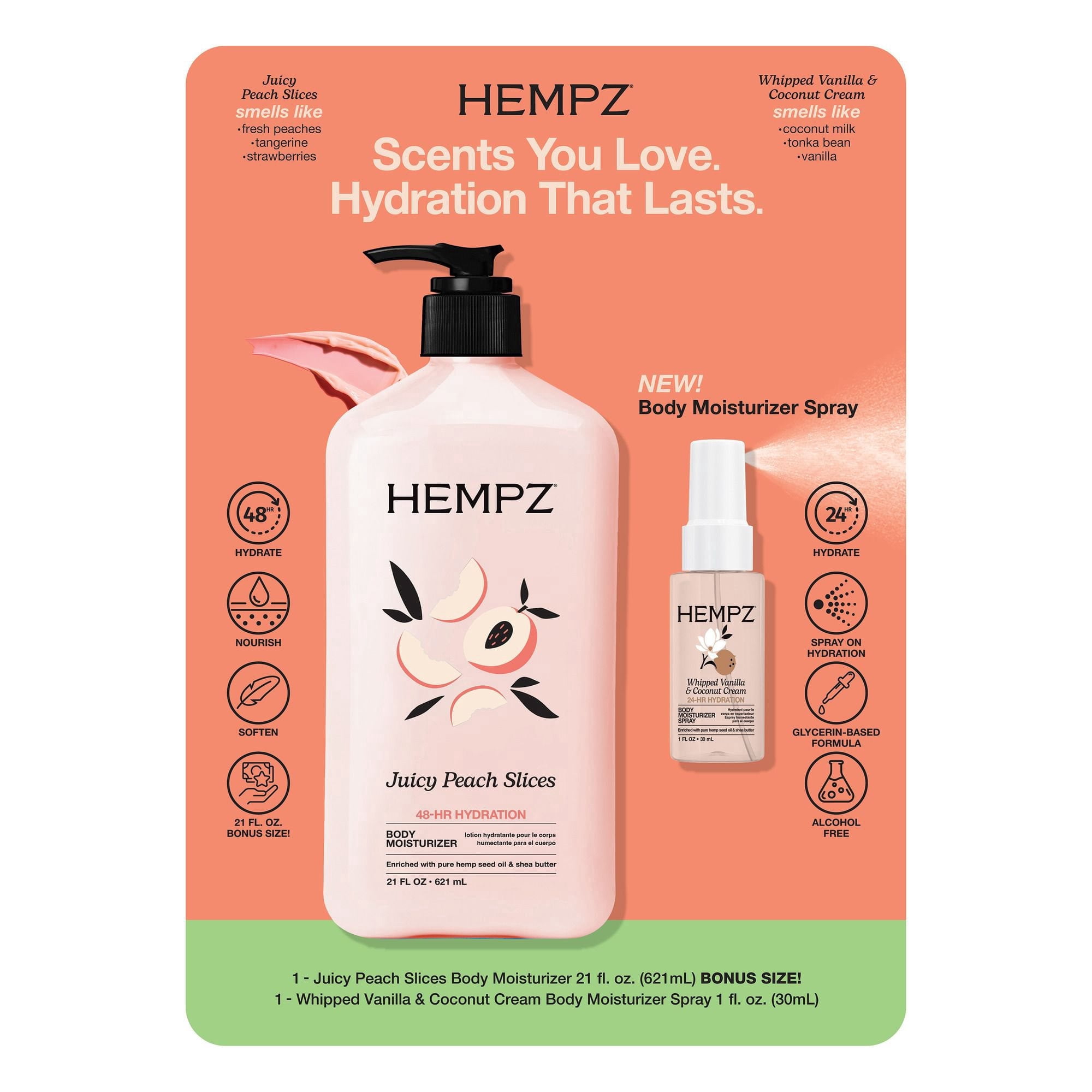 Hempz Juicy Peach Lotion and Vanilla & Coconut Moisturizer Spray Set