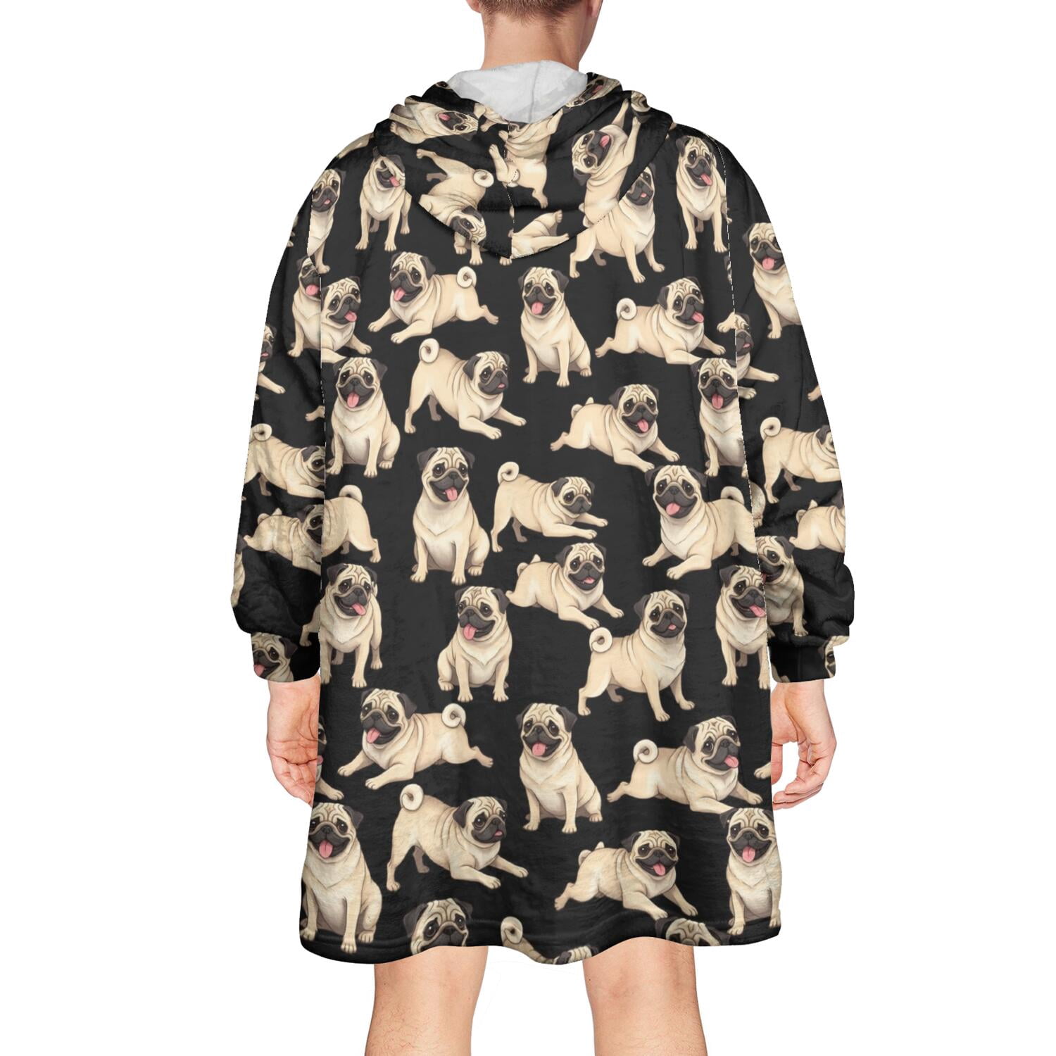Wearable Blanket Hoodie,Pug Black Pattern Oversized Sherpa Blanket Hoodie with Super Pockets,Super Warm Fuzzy Pullover for Women & Men