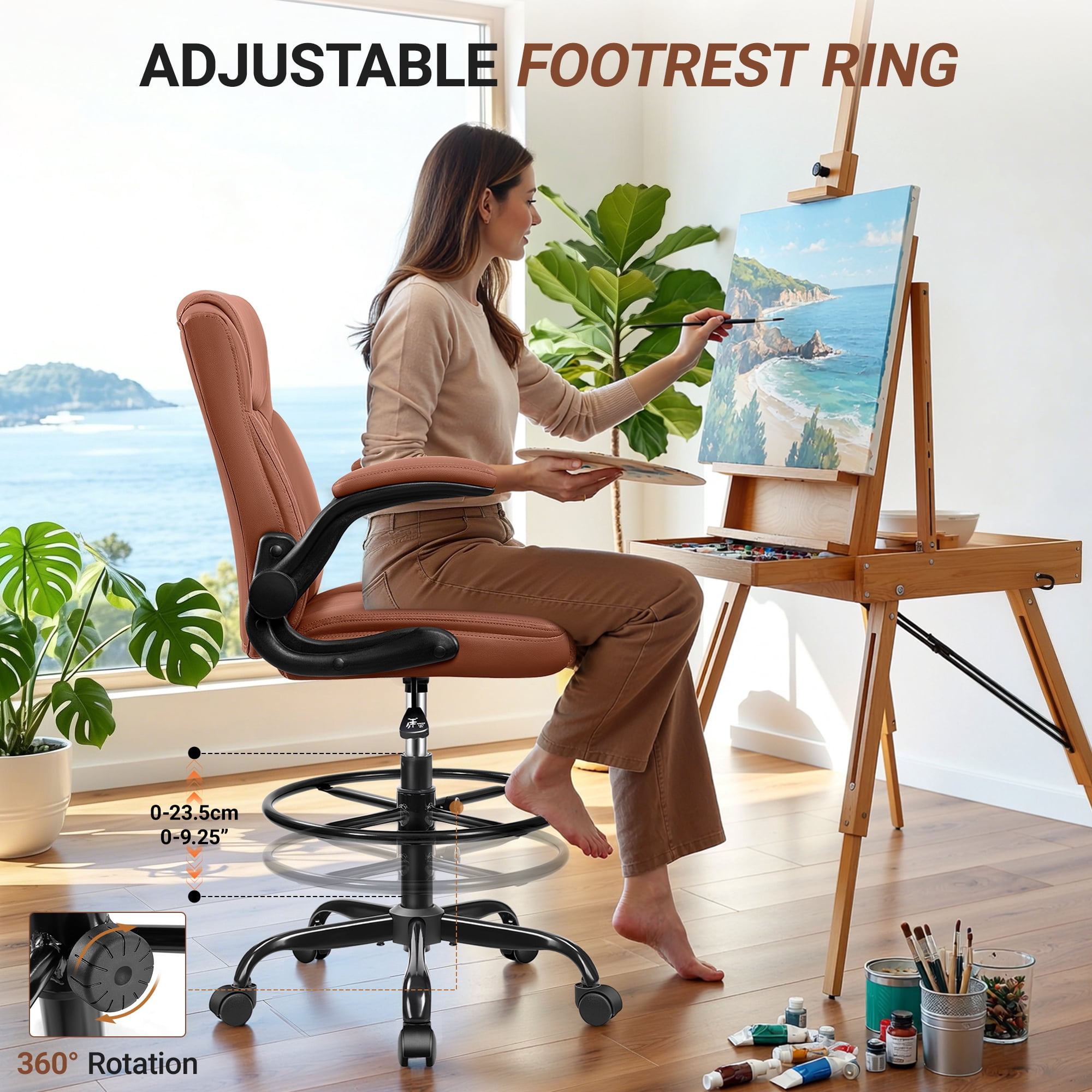 COOLHUT High Back Office Chair with Flip-Up Armrests, PU Leather Executive Ergonomic Computer Chair, Features Lumbar Support, Adjustable Foot Ring for Standing Desks, Home Offices, Brown