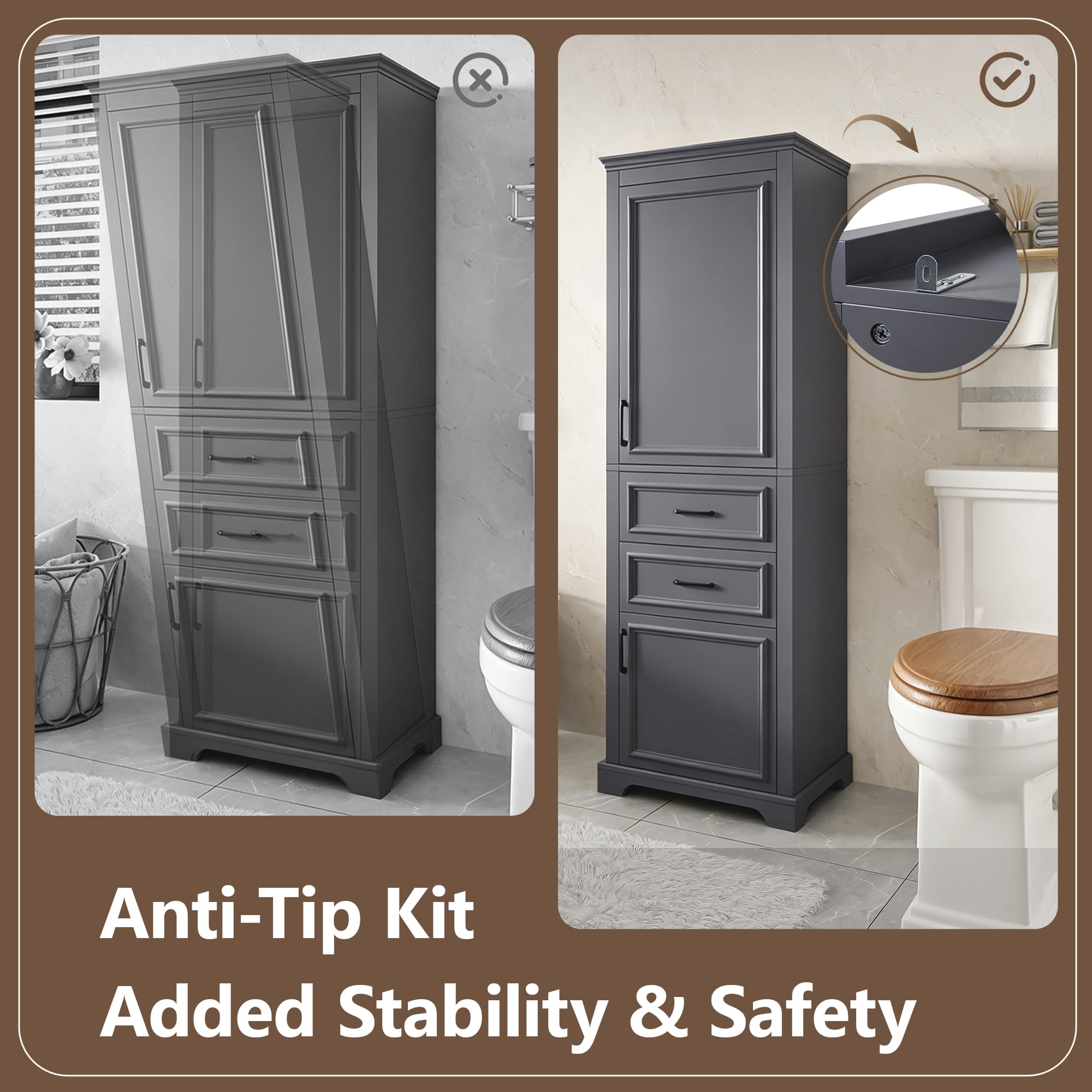 Leumius 71" Tall Freestanding Bathroom Vanity with Damping-Hinge Doors, 2 Drawers, Adjustable Shelf, Anti-Tip Design, Modern Charcoal Gray Finish