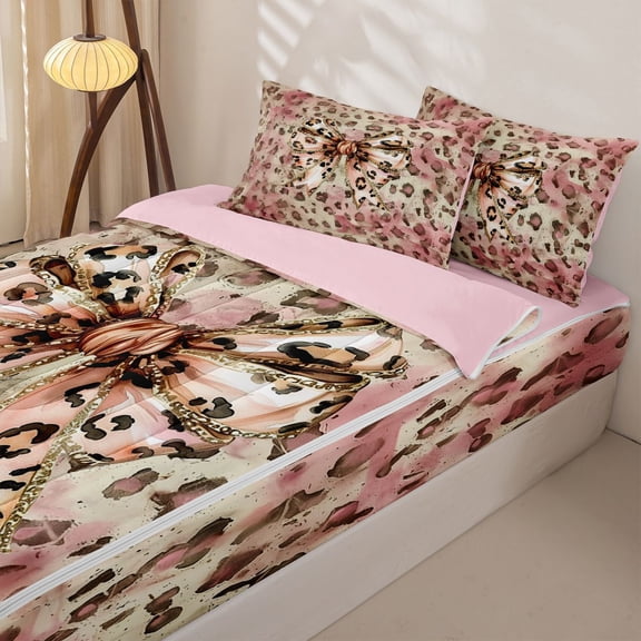 Homewish Vintage Bowknot Girls Zipper Twin Comforter Sets with Fitted Sheet and 2 Pillowcases, Pink Gold Cheetah Print Zipper Bedding Set, Pink Reversible, 4 Pieces