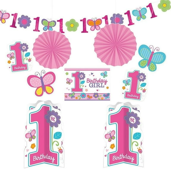 Girls 1st Birthday Party 8 Piece Decorating Kit Flowers and Butterflies Decor Amscan