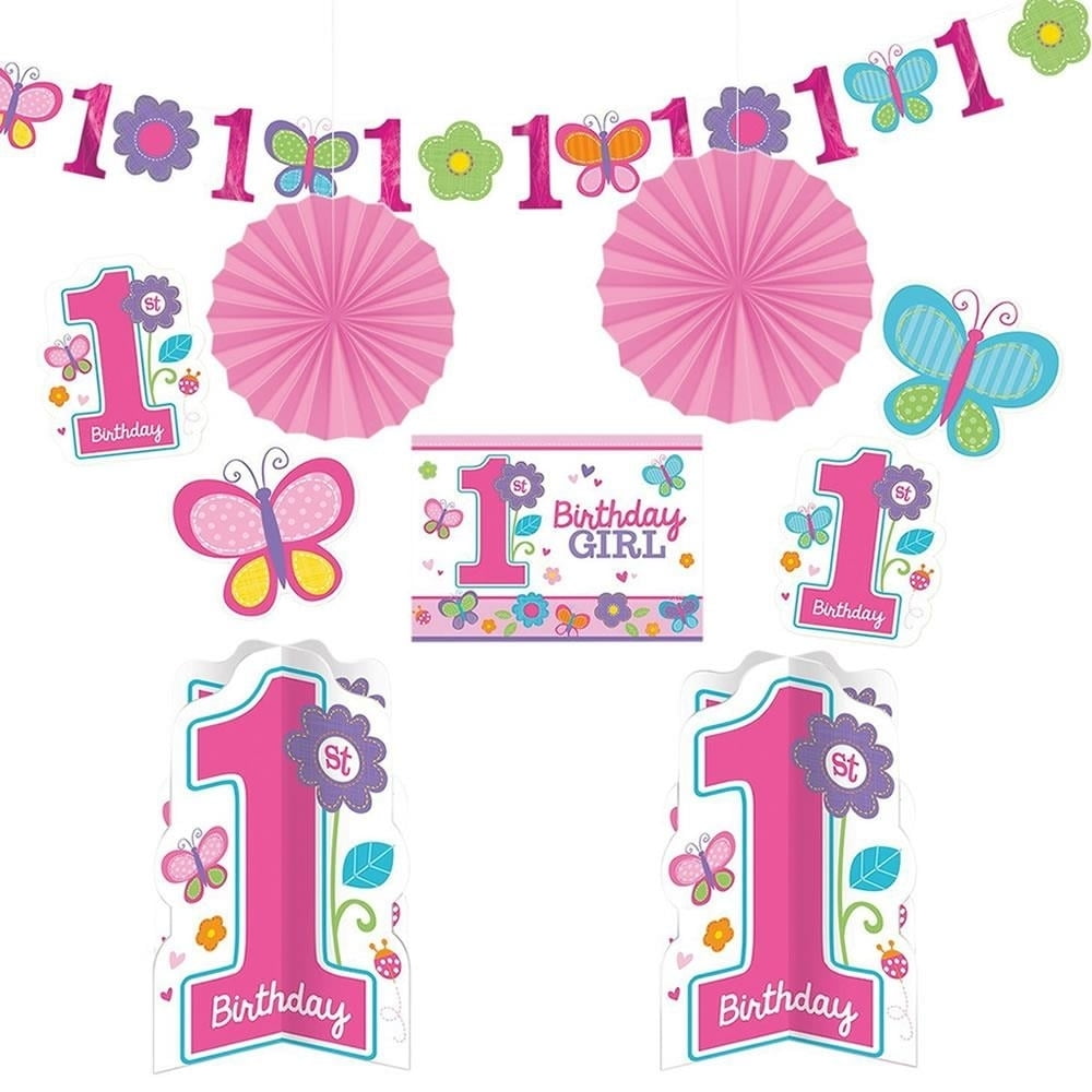 Girls 1st Birthday Party 8 Piece Decorating Kit Flowers and Butterflies Decor Amscan