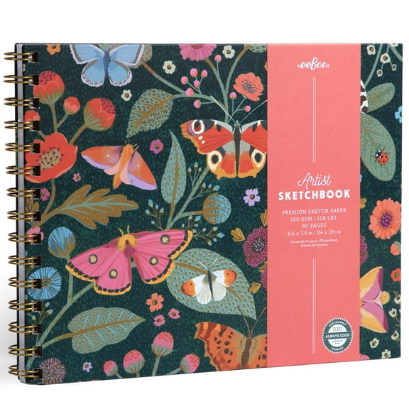 eeBoo Piece & Love: Artist Sketchbook - Victoria's - 80 Pages, 9.5x7.5" Hardcover Spiral Book, 160 GSM, 108 LBS Drawing Paper, Butterfly Floral Cover