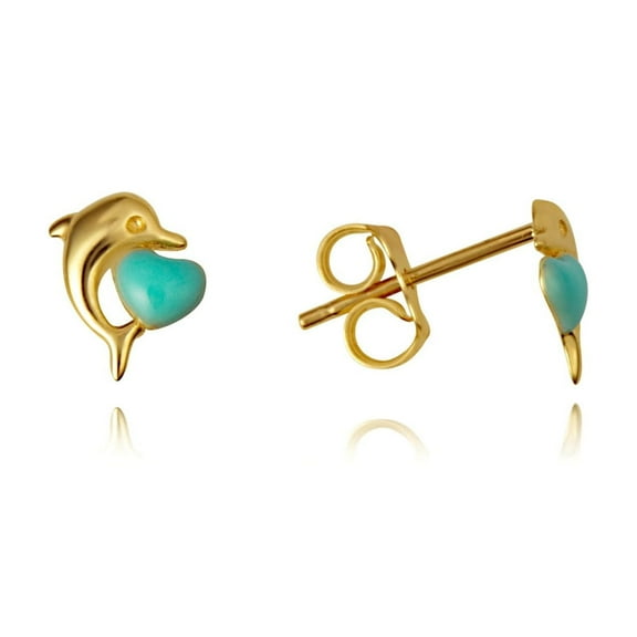 14K Yellow Gold Turqoise Enamel Dolphin Heart Stud Earrings